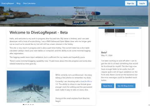 Screenshot of divelogrepeat.com showing a diveboat header and site information