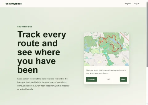 Screenshot of showmyrides.com showing a map with ride overlays